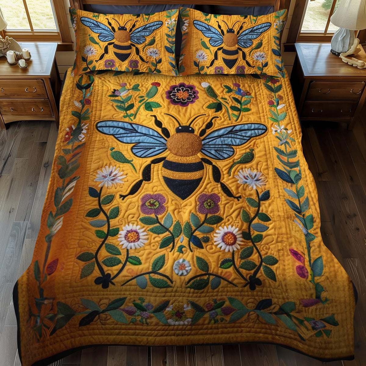 Golden Bumblebee Art quilted 3-piece bedding set on a made bed with two matching pillow shams