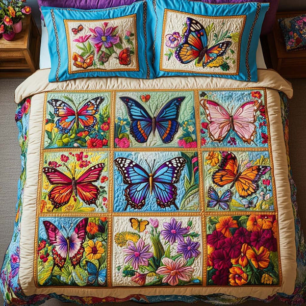 Golden Butterfly Days quilted 3-piece bedding set on a made bed with two matching pillow shams