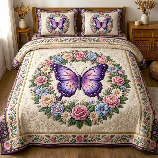 Golden Butterfly quilted 3-piece bedding set on a made bed with two matching pillow shams