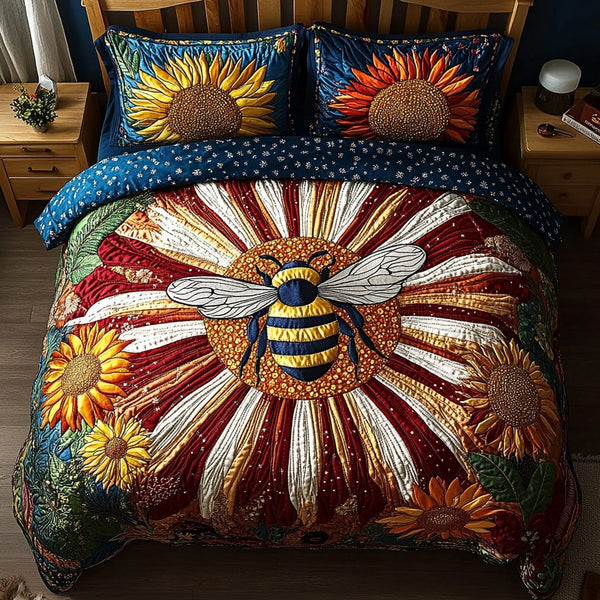 Golden Buzz quilted 3-piece bedding set on a made bed with two matching pillow shams