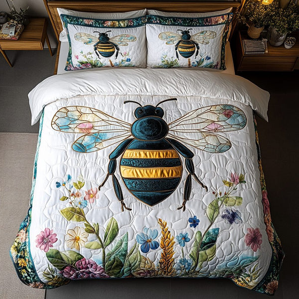 Golden Buzz quilted 3-piece bedding set on a made bed with two matching pillow shams