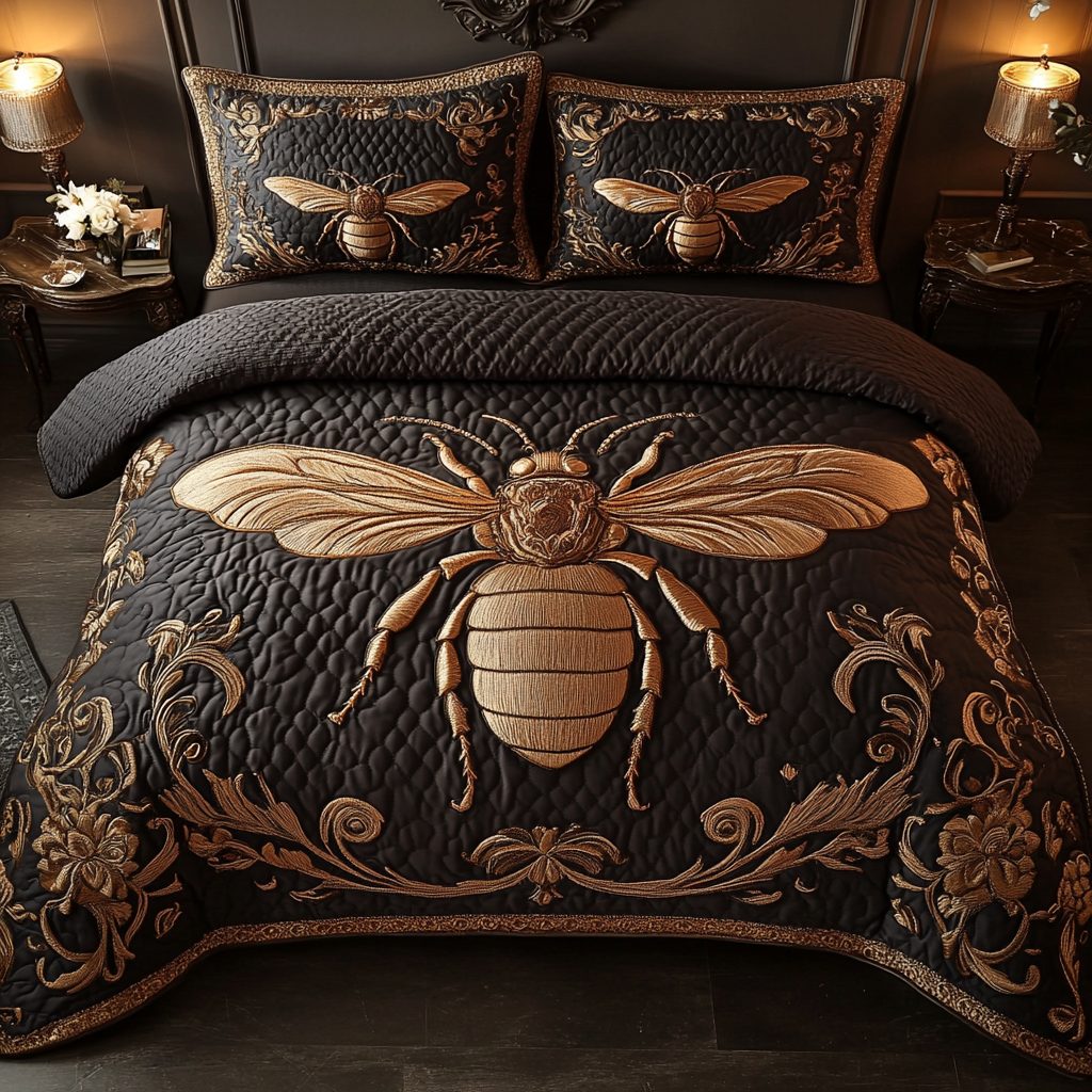Golden Buzz quilted 3-piece bedding set on a made bed with two matching pillow shams