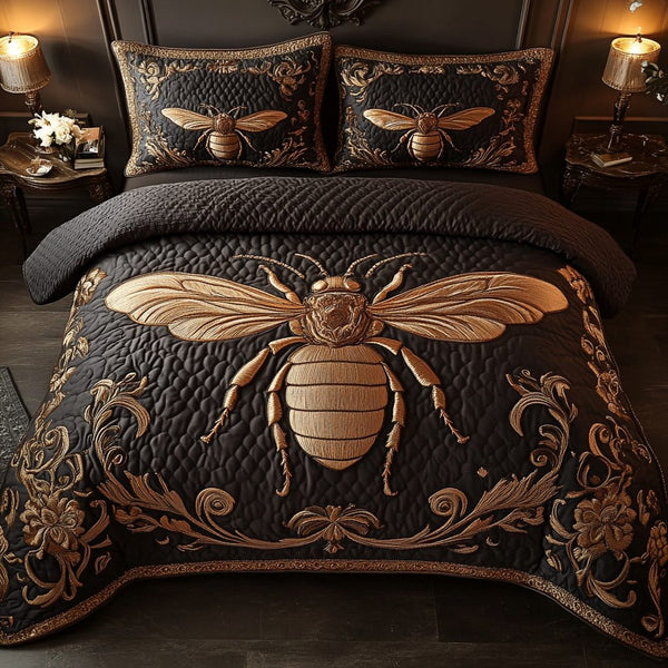 Golden Buzz quilted 3-piece bedding set on a made bed with two matching pillow shams