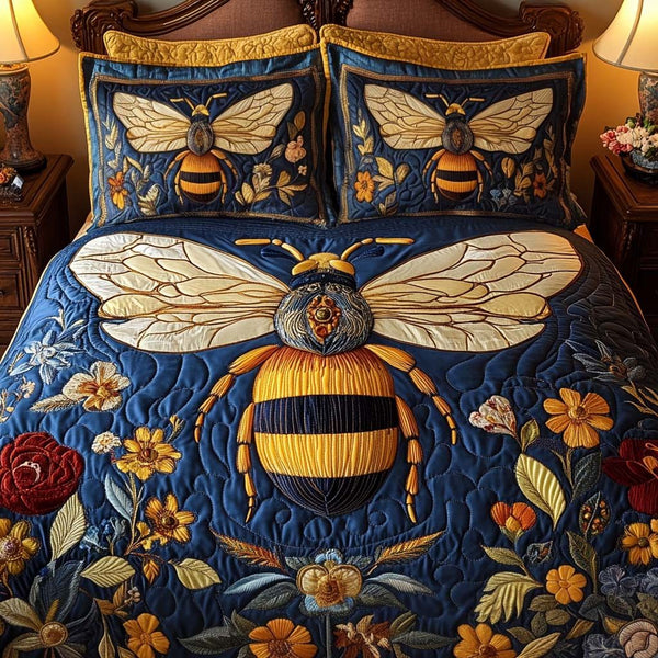 Golden Buzz quilted 3-piece bedding set on a made bed with two matching pillow shams