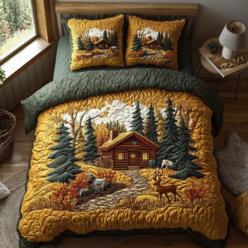 Golden Cabin quilted 3-piece bedding set on a made bed with two matching pillow shams