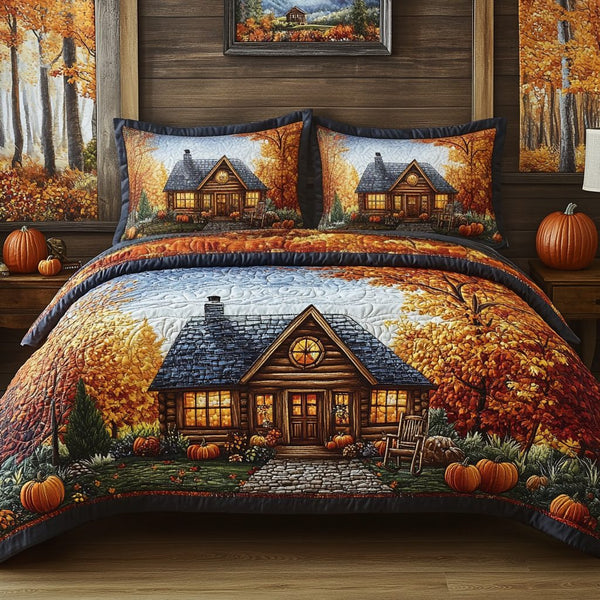 Golden Cabin quilted 3-piece bedding set on a made bed with two matching pillow shams