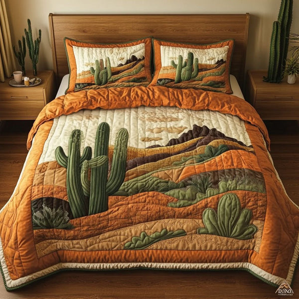 Golden Cactus Haven quilted 3-piece bedding set on a made bed with two matching pillow shams