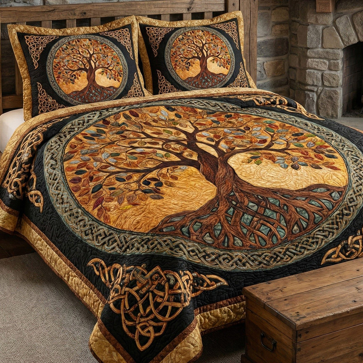 Golden Canopy quilted 3-piece bedding set on a made bed with two matching pillow shams