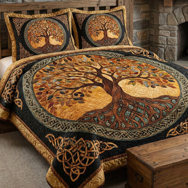 Golden Canopy quilted 3-piece bedding set on a made bed with two matching pillow shams