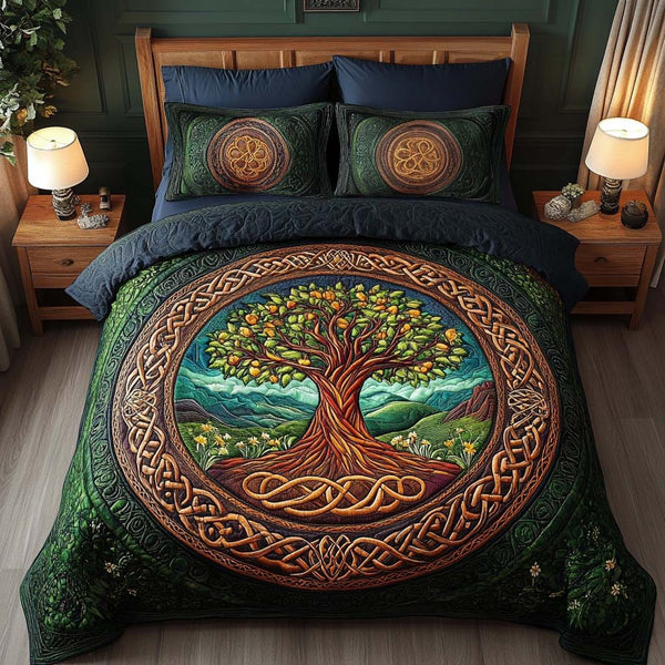 Golden Canopy quilted 3-piece bedding set on a made bed with two matching pillow shams