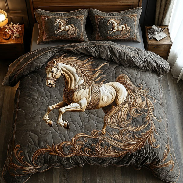 Golden Canter quilted 3-piece bedding set on a made bed with two matching pillow shams