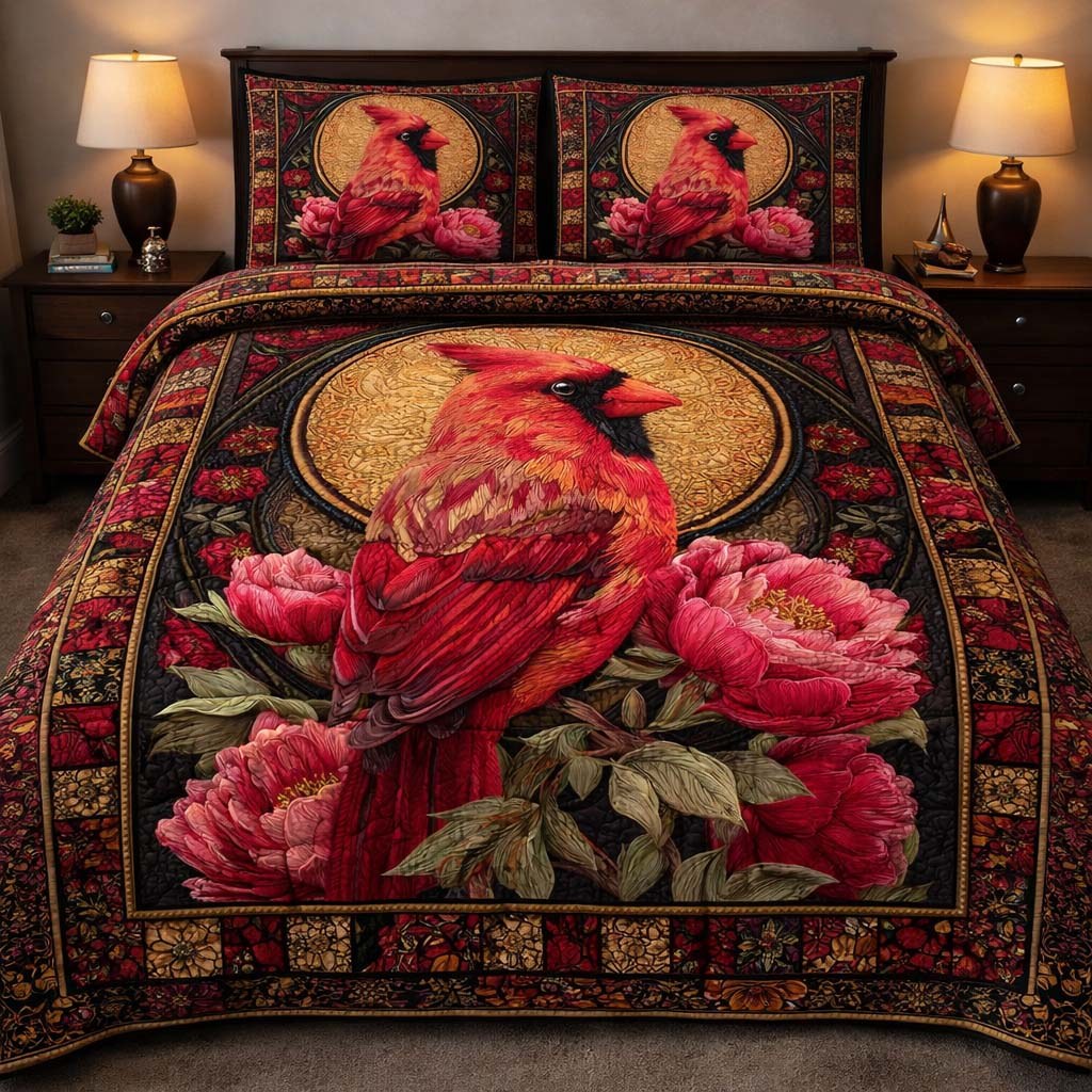 Golden Cardinal Majesty quilted 3-piece bedding set on a made bed with two matching pillow shams