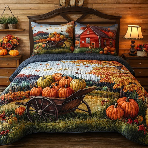 Golden Cart quilted 3-piece bedding set on a made bed with two matching pillow shams