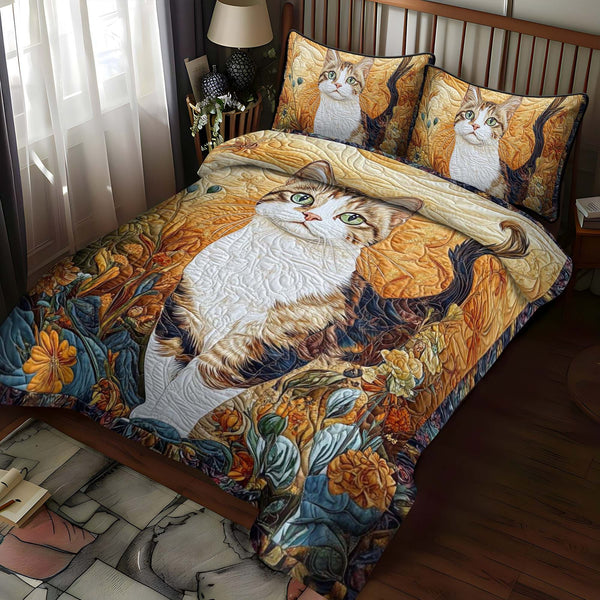 Golden Cat quilted 3-piece bedding set on a made bed with two matching pillow shams