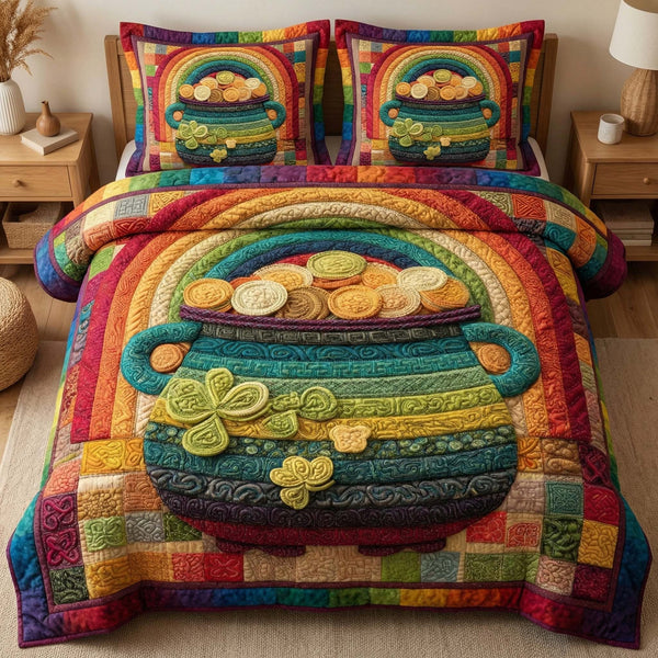 Golden Cauldron quilted 3-piece bedding set on a made bed against a dark styled interior