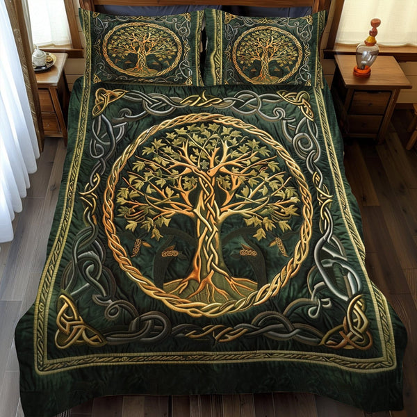Golden Celtic Tree Of Life quilted 3-piece bedding set on a made bed with two matching pillow shams