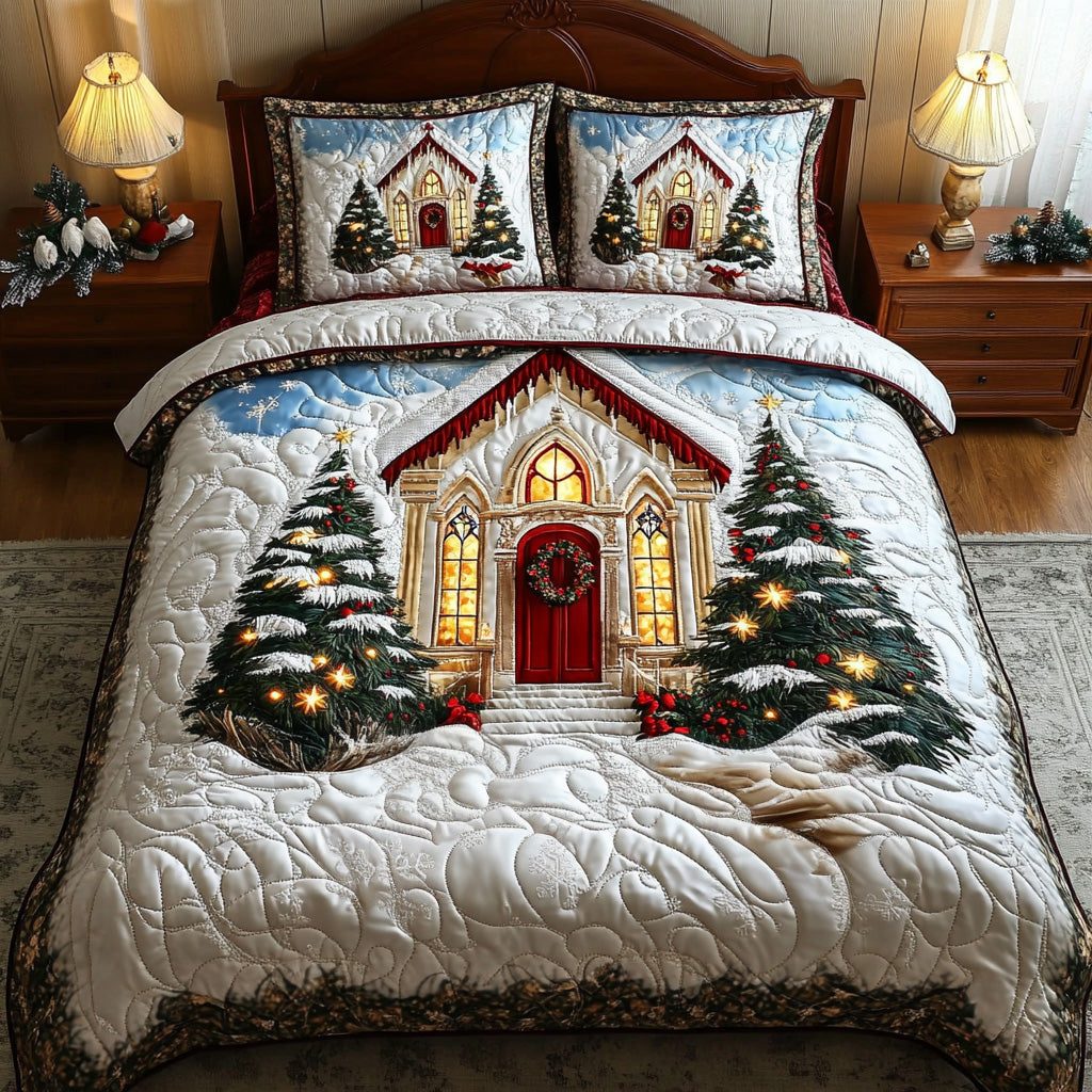 Golden Chapel Glow quilted 3-piece bedding set on a made bed in a softly lit bedroom