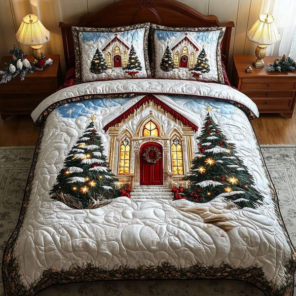Golden Chapel Glow quilted 3-piece bedding set on a made bed in a softly lit bedroom
