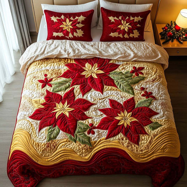 Golden Cheer quilted 3-piece bedding set on a made bed with two matching pillow shams