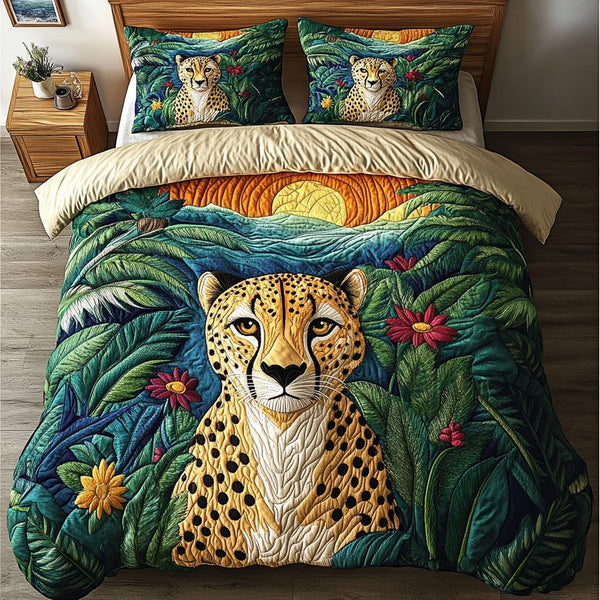 Golden Cheetah quilted 3-piece bedding set on a made bed with two matching pillow shams