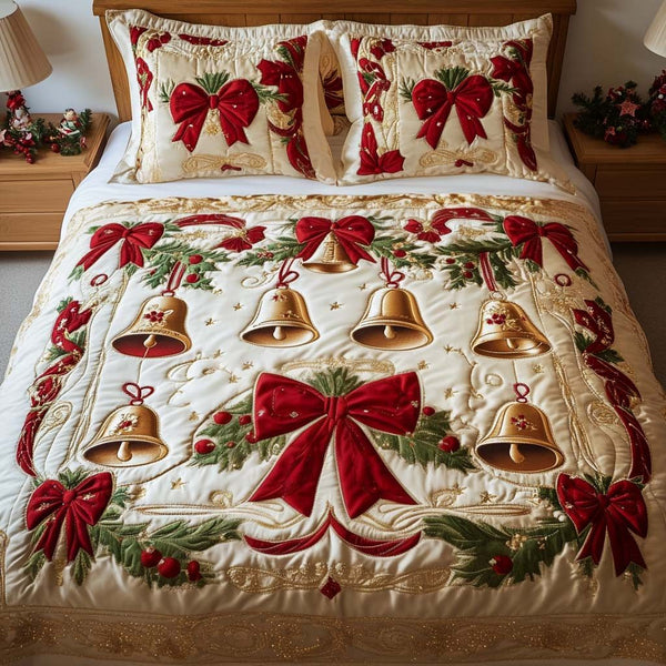 Golden Chime quilted 3-piece bedding set on a made bed with two matching pillow shams