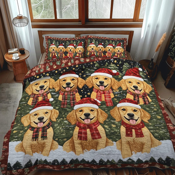 Golden Christmas quilted 3-piece bedding set on a made bed in a winter-styled bedroom