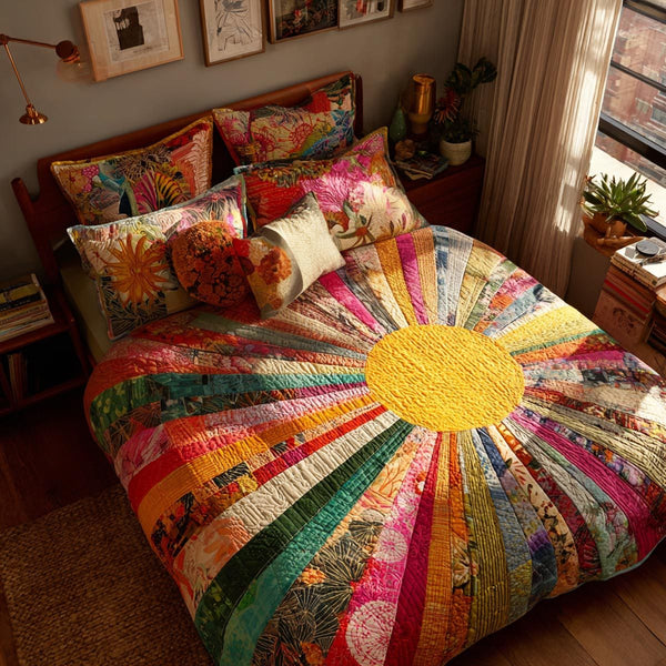 Golden Circle quilted 3-piece bedding set on a made bed with two matching pillow shams