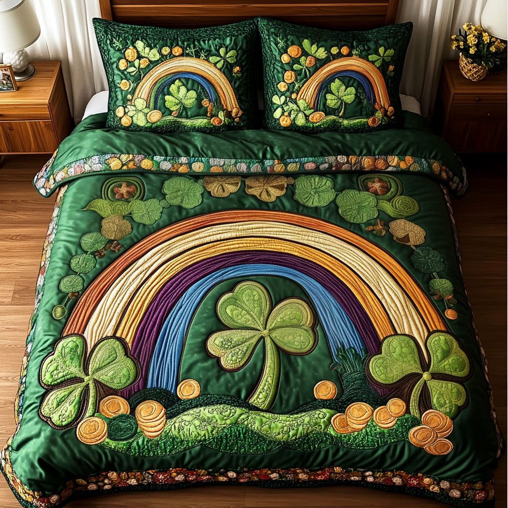 Golden Clover Rainbow quilted 3-piece bedding set on a made bed with two matching pillow shams