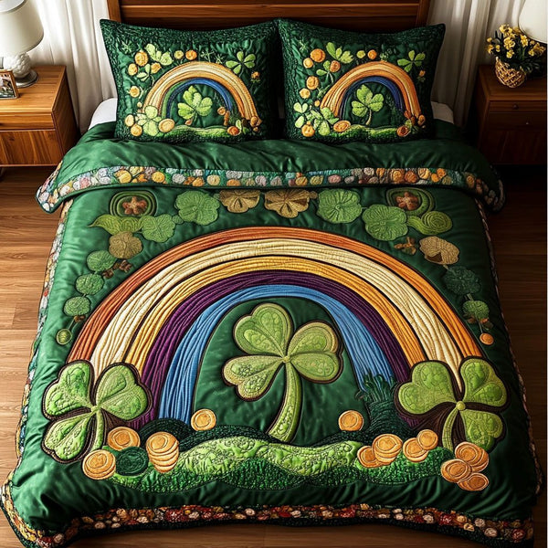 Golden Clover Rainbow quilted 3-piece bedding set on a made bed with two matching pillow shams