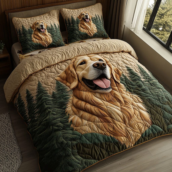Golden Companion quilted 3-piece bedding set on a made bed with two matching pillow shams