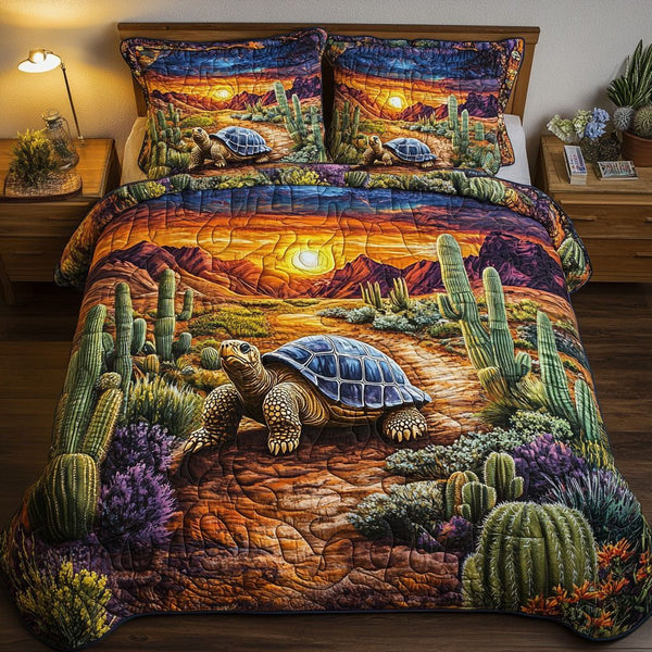 Golden Crawler quilted 3-piece bedding set on a made bed with two matching pillow shams