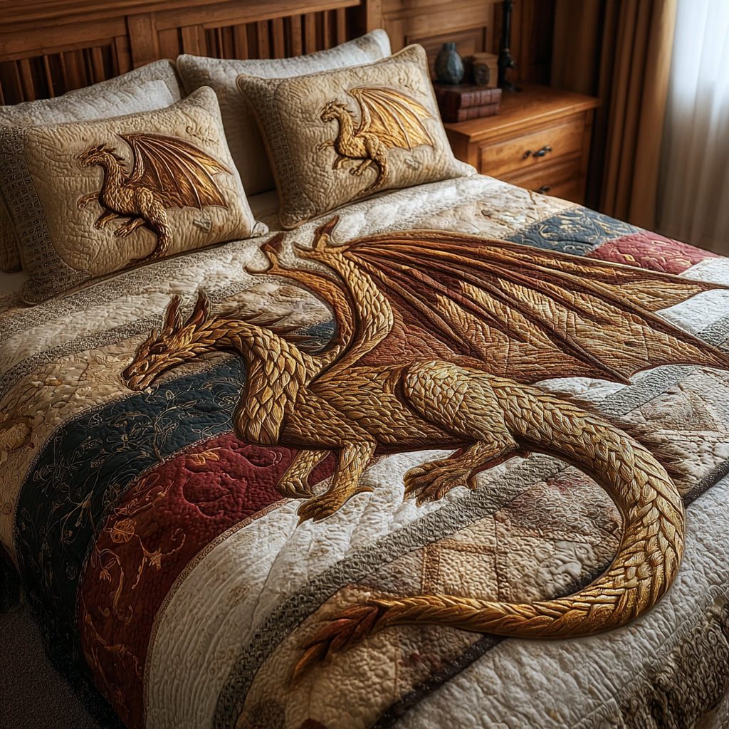 Golden Crest Dragon quilted 3-piece bedding set on a made bed with two matching pillow shams