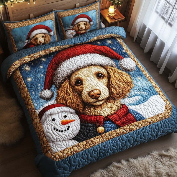 Golden Curl Santa quilted 3-piece bedding set on a made bed in a winter-styled bedroom