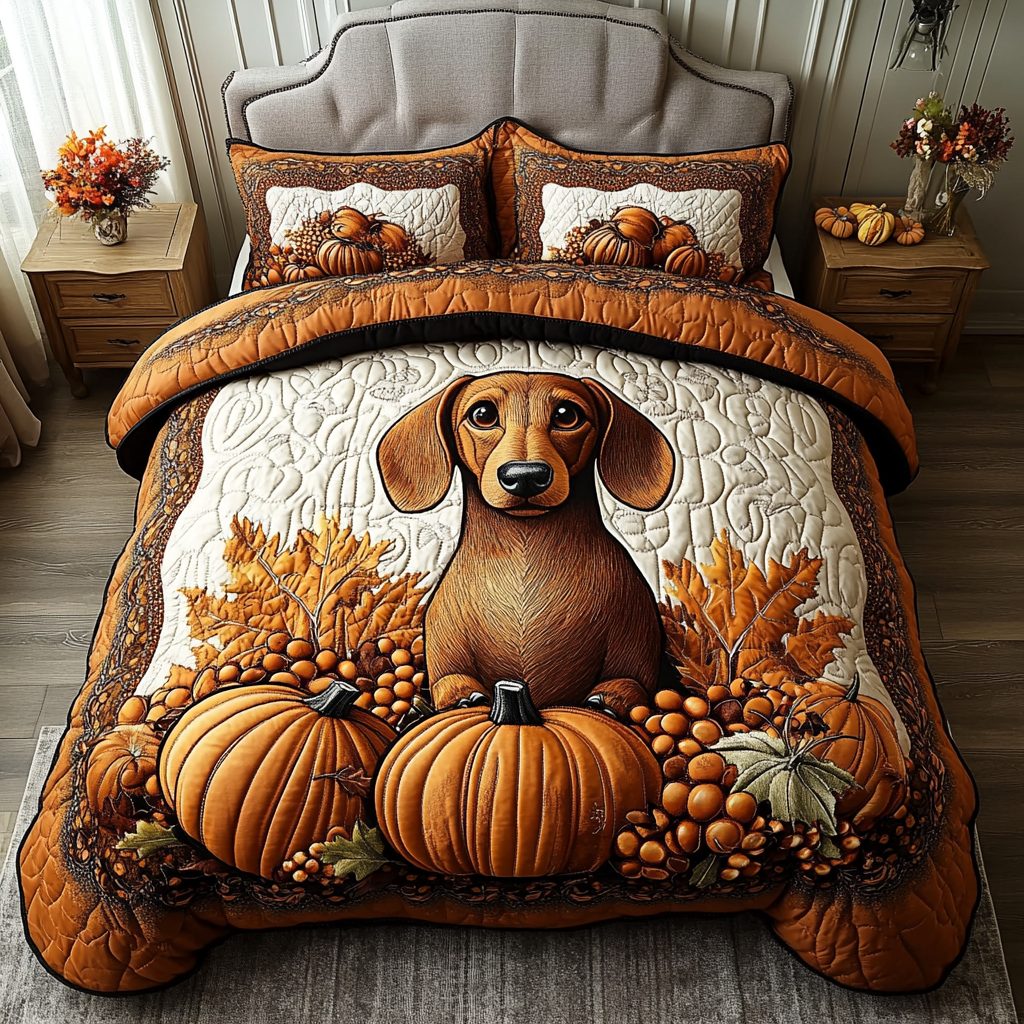 Golden Dachshund quilted 3-piece bedding set on a made bed with two matching pillow shams