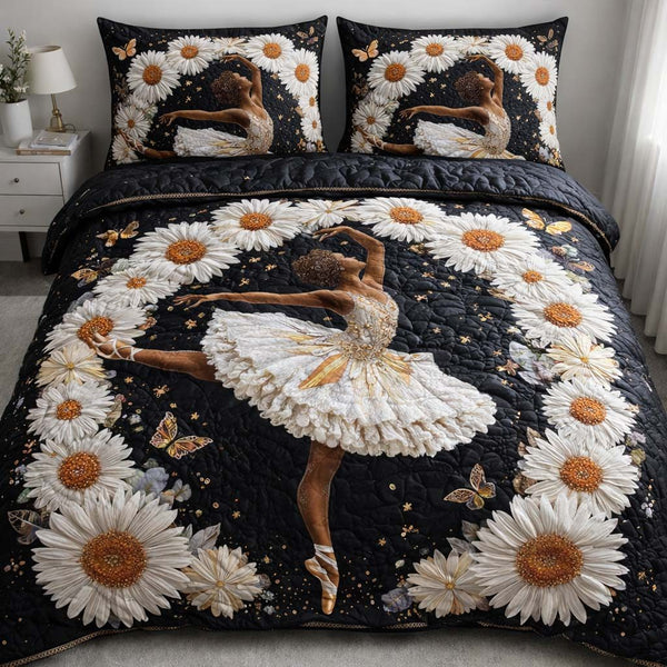Golden Daisy Ballerina quilted 3-piece bedding set on a made bed with two matching pillow shams