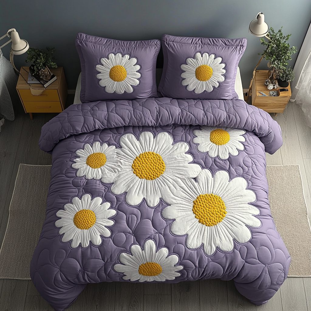 Golden Daisy Garden quilted 3-piece bedding set on a made bed with two matching pillow shams