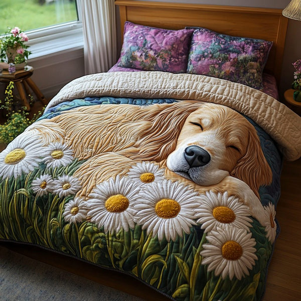 Golden Daisy quilted 3-piece bedding set on a made bed with two matching pillow shams