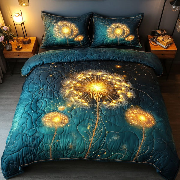 Golden Dandelions quilted 3-piece bedding set on a made bed with two matching pillow shams