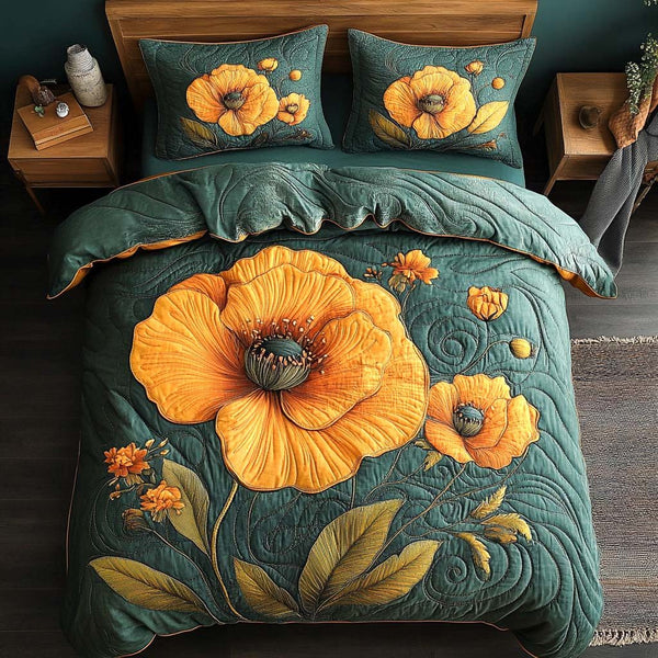Golden Dawn Poppies quilted 3-piece bedding set on a made bed with two matching pillow shams