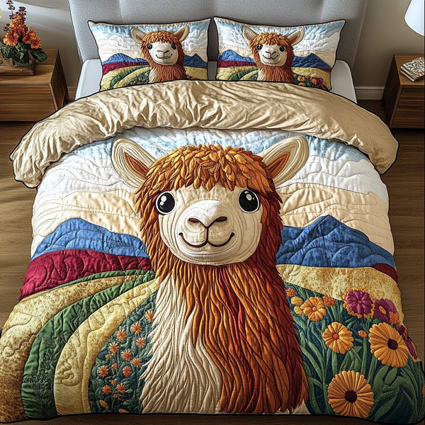 Golden Dawn quilted 3-piece bedding set on a made bed with two matching pillow shams