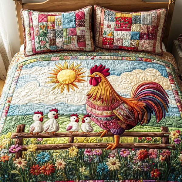 Golden Dawn quilted 3-piece bedding set on a made bed with two matching pillow shams