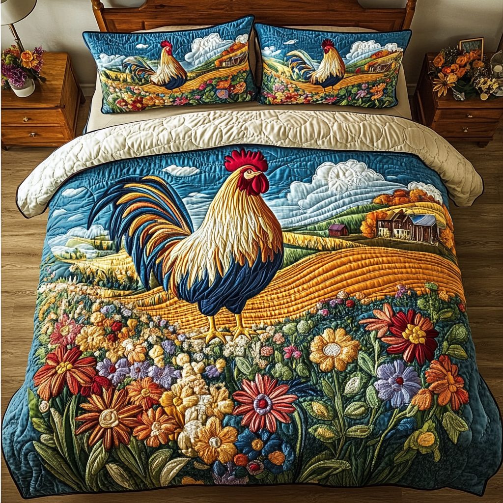 Golden Dawn quilted 3-piece bedding set on a made bed with two matching pillow shams
