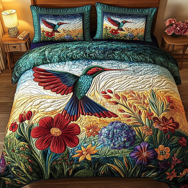 Golden Dawn Soar quilted 3-piece bedding set on a made bed with two matching pillow shams