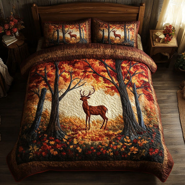 Golden Deer quilted 3-piece bedding set on a made bed with two matching pillow shams