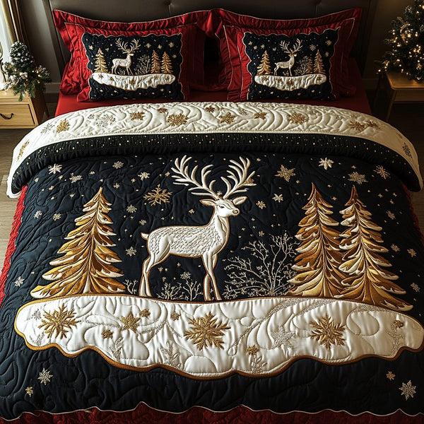 Golden Deer quilted 3-piece bedding set on a made bed with two matching pillow shams