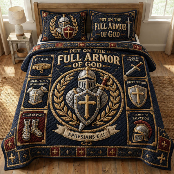 Golden Defender Faith quilted 3-piece bedding set on a made bed in a softly lit bedroom