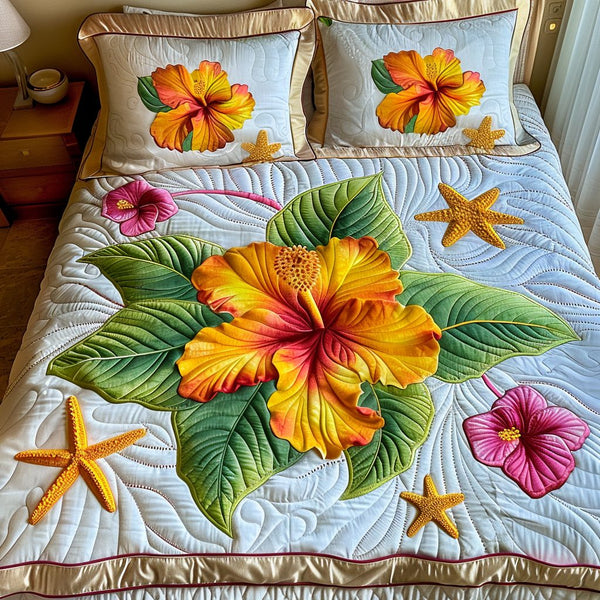 Golden Delight quilted 3-piece bedding set on a made bed with two matching pillow shams