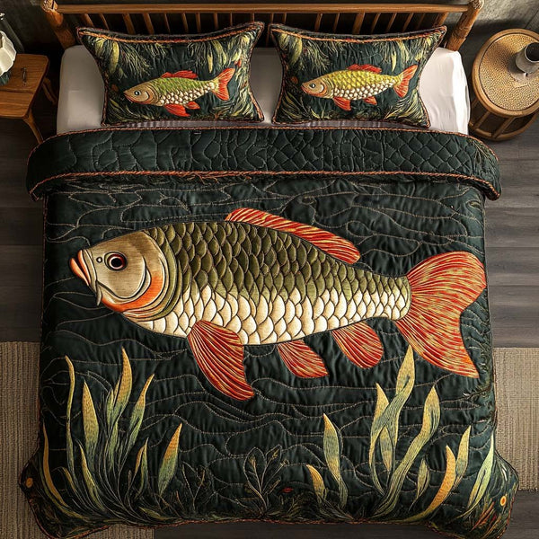 Golden Depths quilted 3-piece bedding set on a made bed with two matching pillow shams