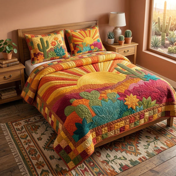 Golden Desert Flower quilted 3-piece bedding set on a made bed with two matching pillow shams
