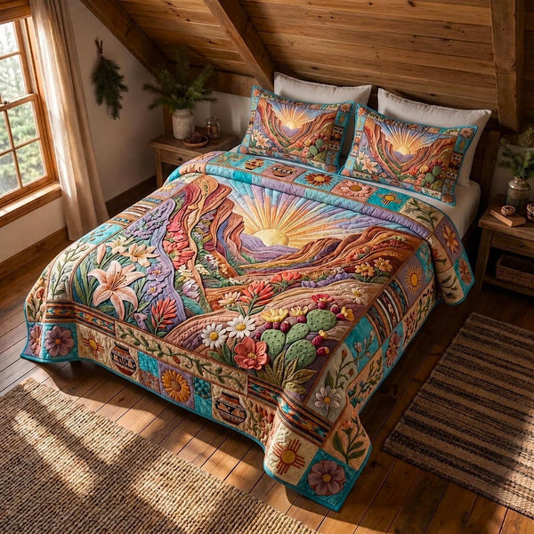 Golden Desert quilted 3-piece bedding set on a made bed with two matching pillow shams